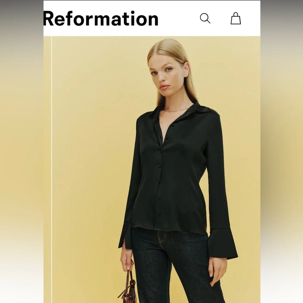 Reformation Samara Satin Button Down Blouse Shirt Size 10 Flared Cuff - Picture 1 of 9